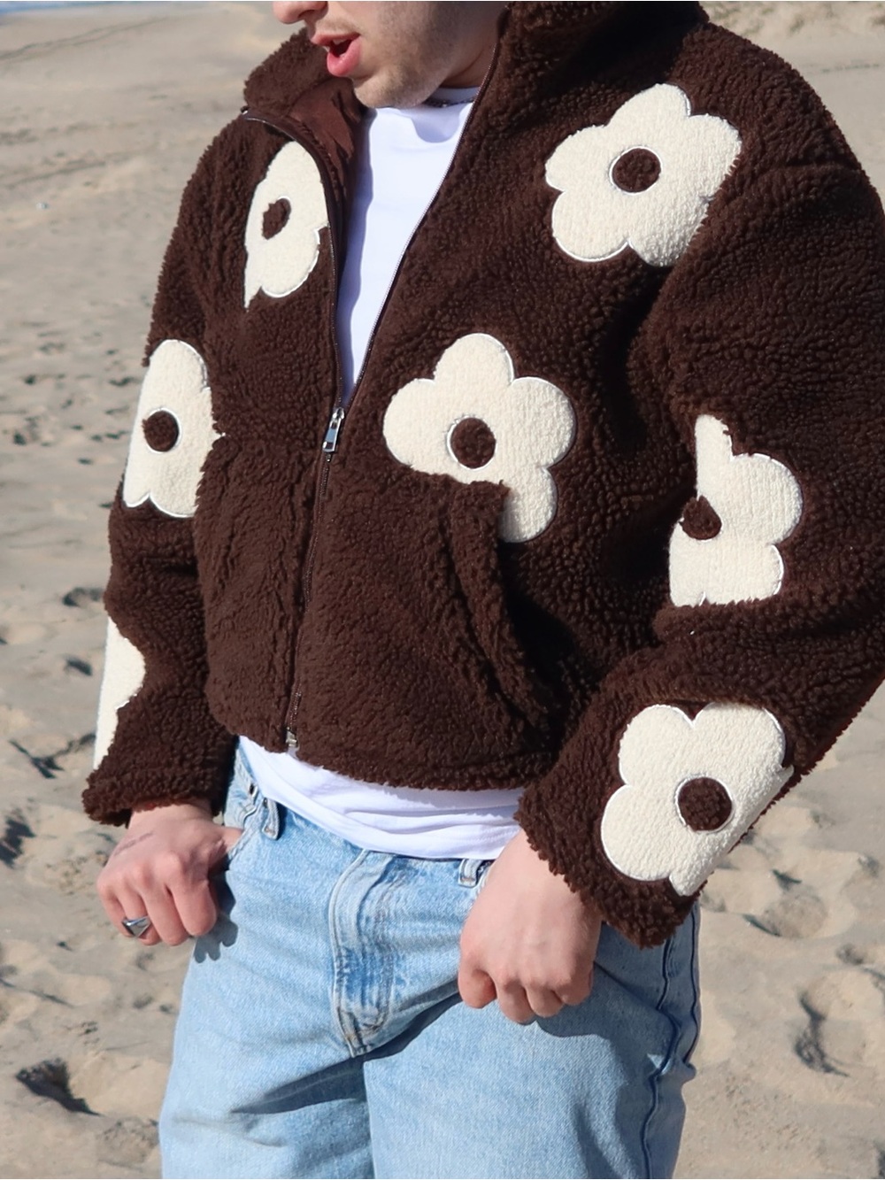 Brown Sherpa Jacket with Cream Floral Appliqués